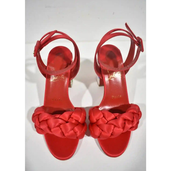 Christian Louboutin Brio 85 Red Floral Ankle Strap Sandal Block Heel Pump 37 - Picture 9 of 12